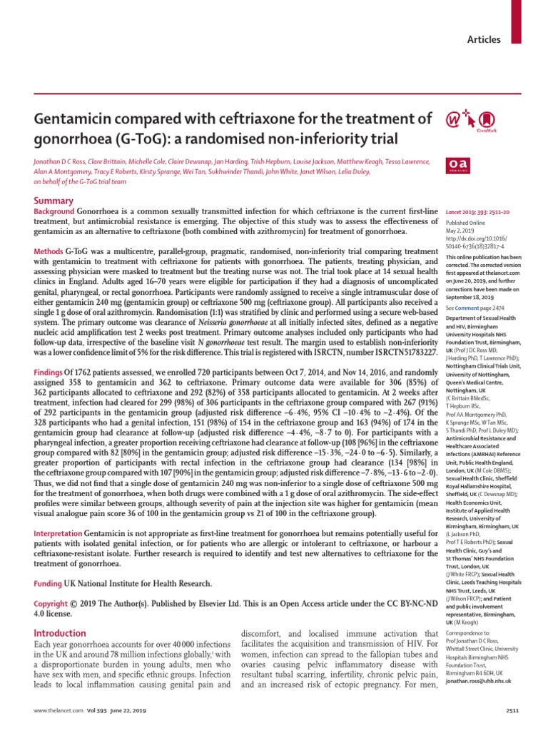 Gentamicin Compared With Ceftriaxone For The Treatment of Gonorrhea