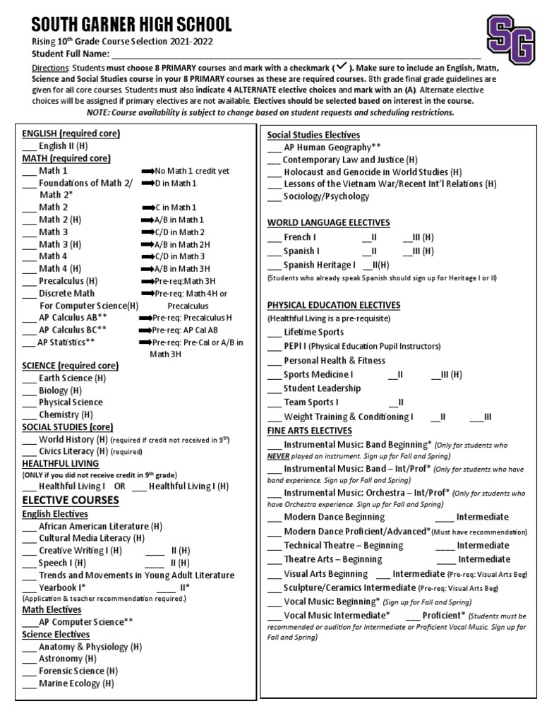 10th Grade Course Selection Guide | PDF | Advanced Placement | Physical ...