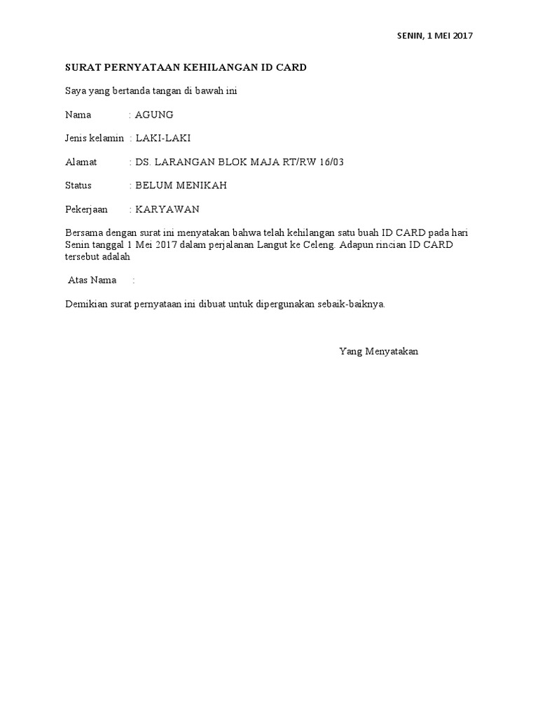 Surat Pernyataan Kehilangan Id Card