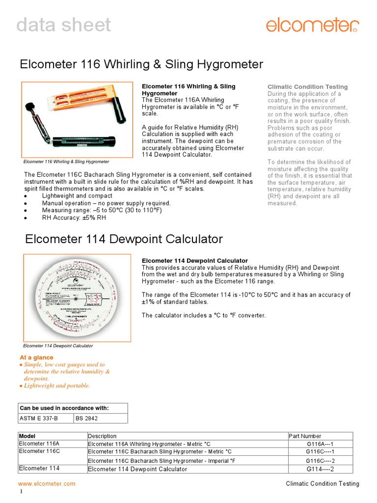 Data Sheet 116 Whirling & Sling Hygrometer PDF Relative