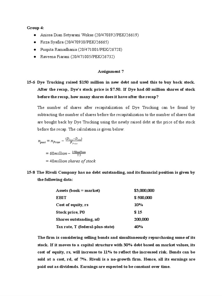 FM Assignment 7 - Group 4 | PDF | Capital Structure | Share Repurchase