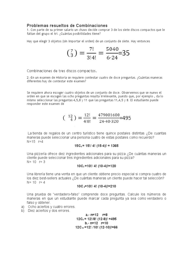 Ejercicios Resueltos de Combinaciones | PDF | Ocio | Enseñanza de ...