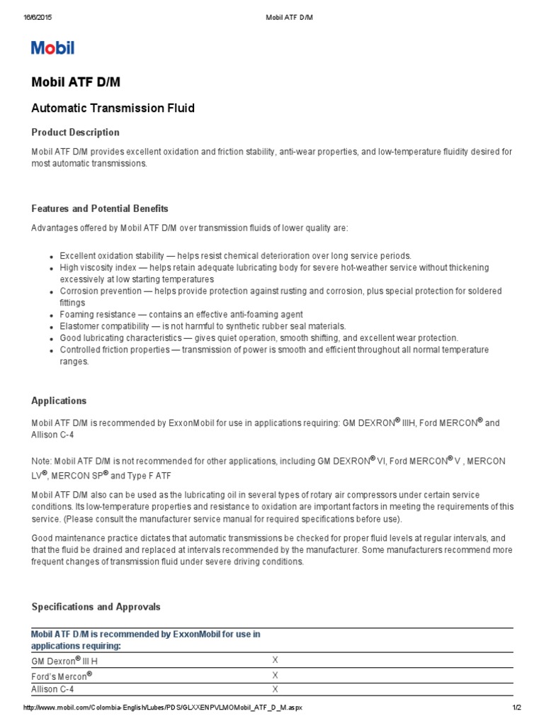 Mobil ATF D/M: Automatic Transmission Fluid | PDF | Soft Matter | Oils