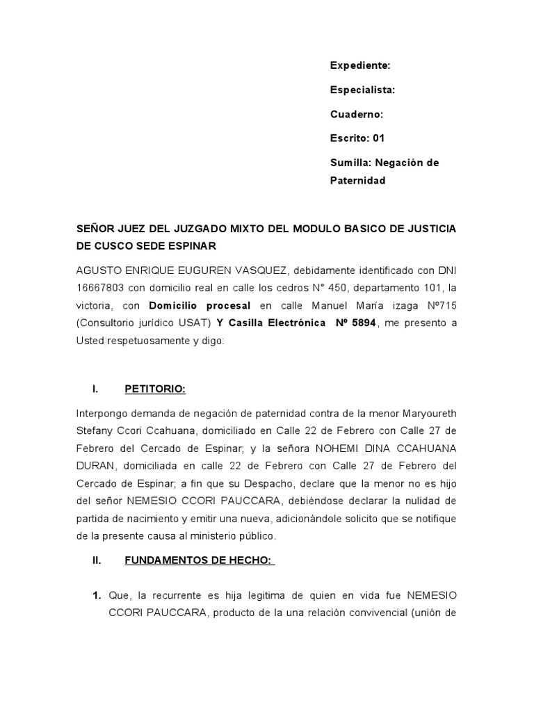 Demanda de Negacion de Paternidad PDF Demanda judicial Anulación
