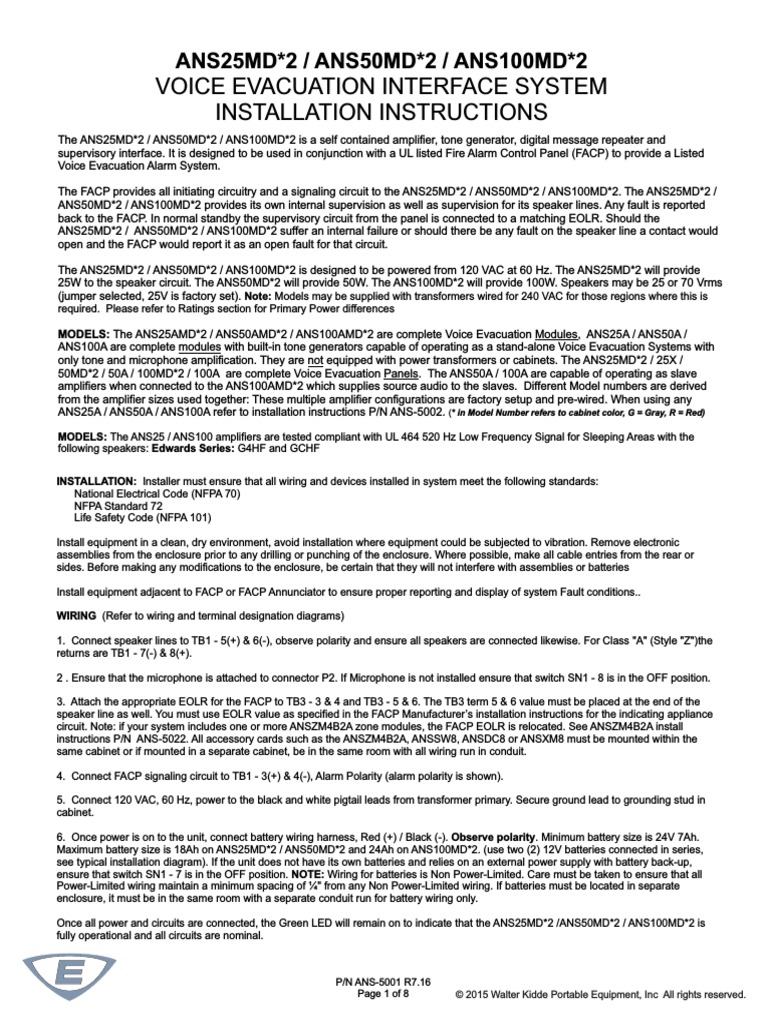 Voice Evacuation Interface System Installation Instructions ANS25MD 2