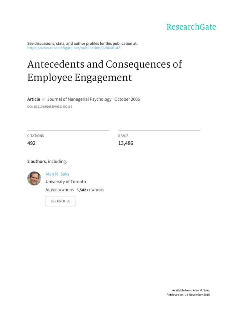 Antecedents and Consequences of Employee Engagement (2006, Saks, A. M ...