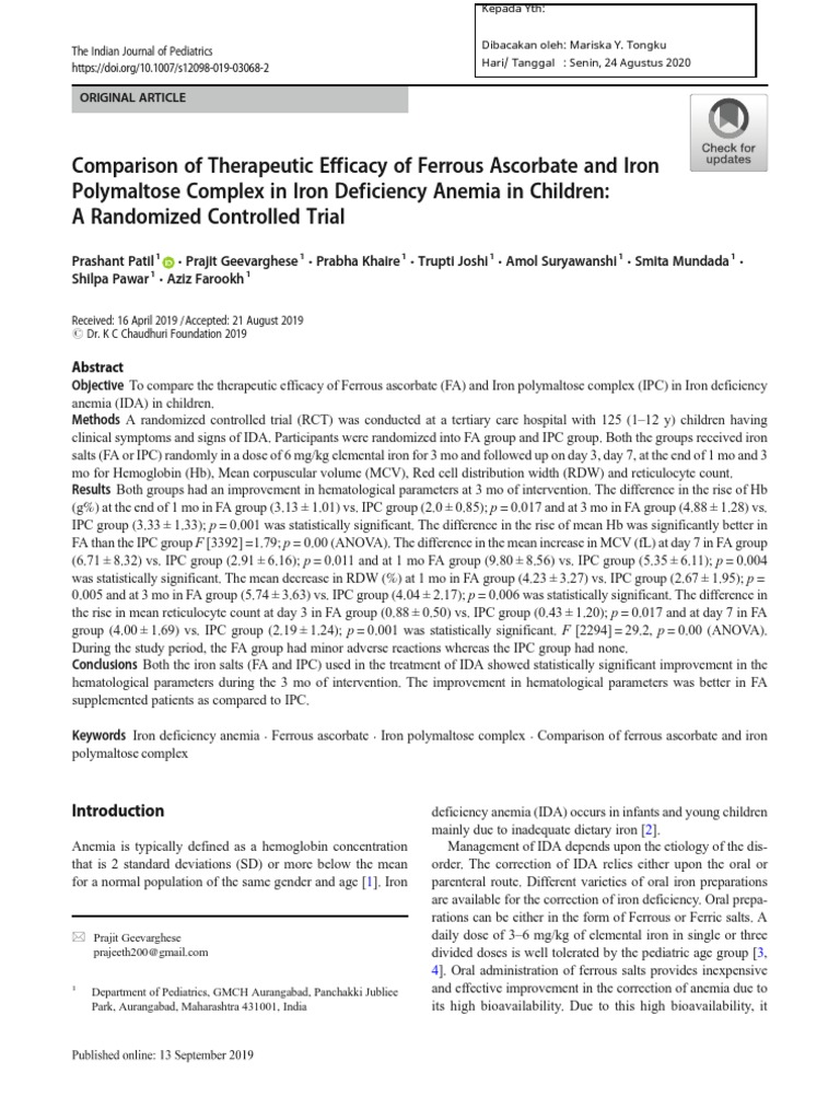 Comparison of Therapeutic Efficacy of Ferrous Ascorbate and Iron