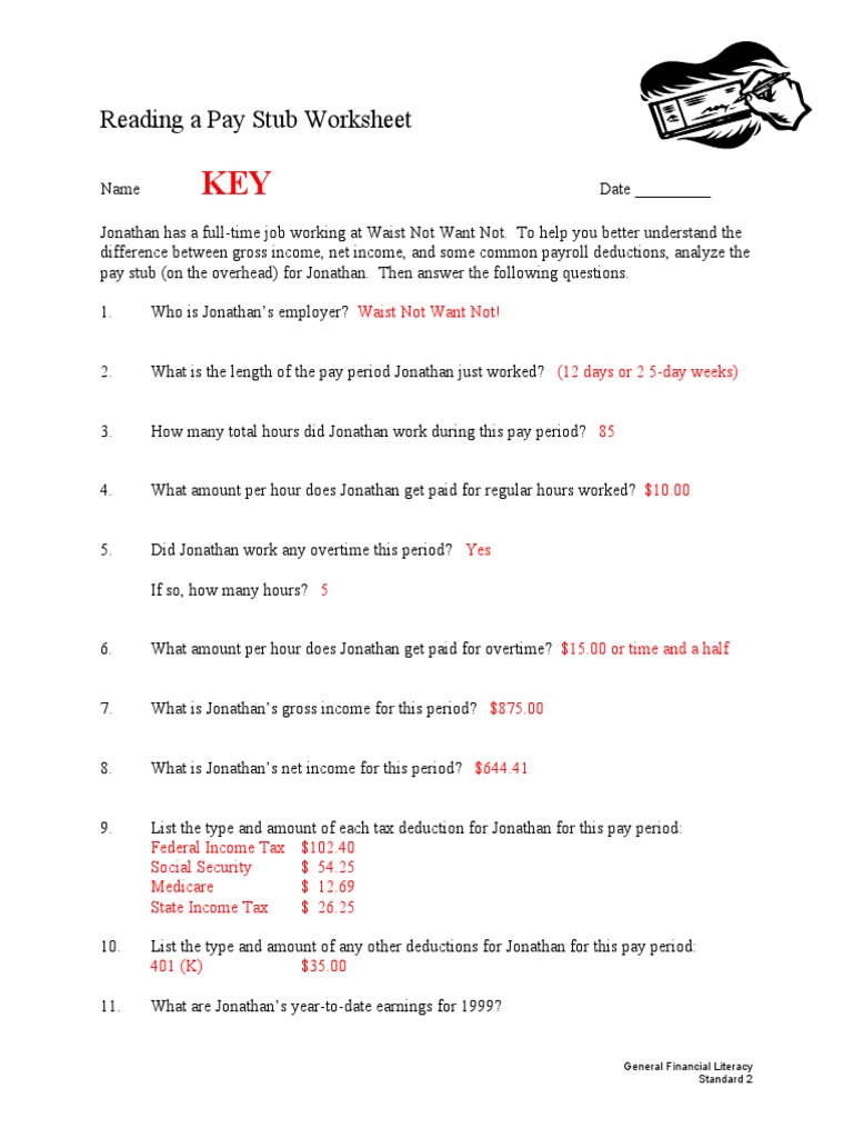 ST 2 Reading A Pay Stub Worksheet KEY PDF
