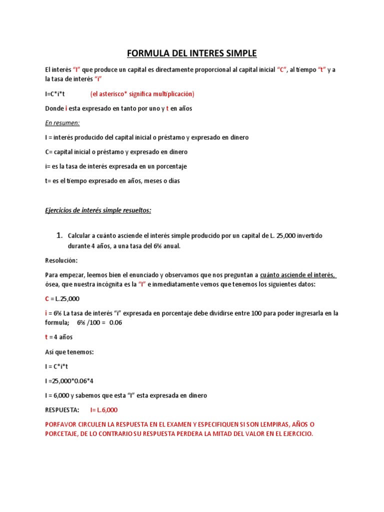 Fórmulas de Interés Simple y Ejercicios | PDF | Interés | Tasas de interés