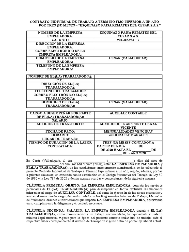 Contrato de Trabajo Termino Fijo Inferior A Un Año Auxiliar Contable | PDF  | Salario | Derecho laboral