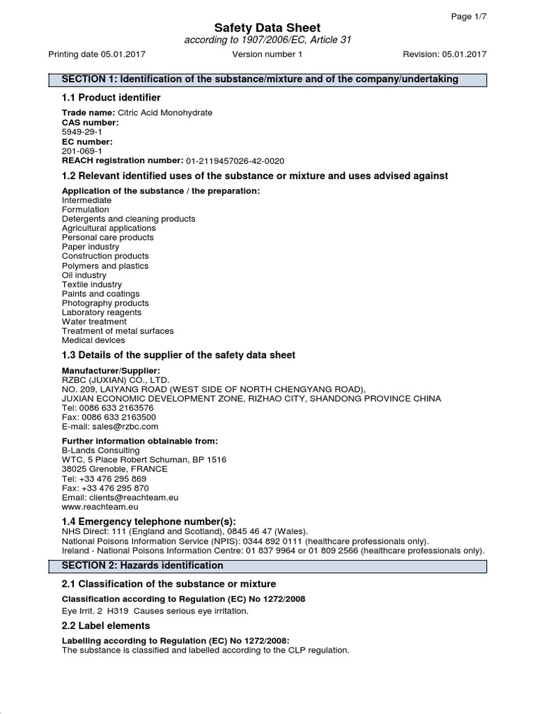 Msds citric acid monohydrate download free pdf dangerous goods