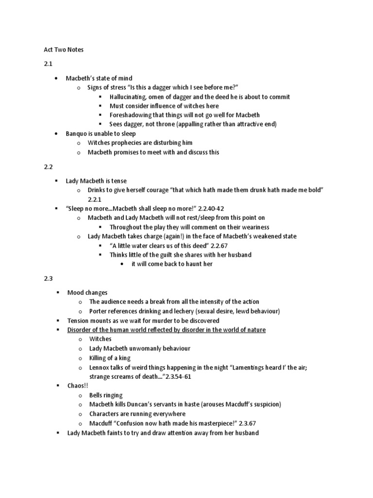 Act Two Notes | PDF | Macbeth | Shakespearean Tragedies