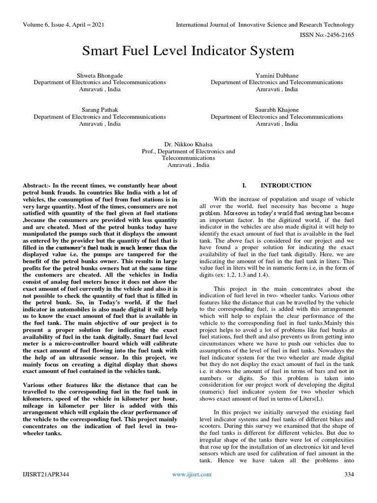 Smart Fuel Level Indicator System PDF Flow Measurement Ultrasound