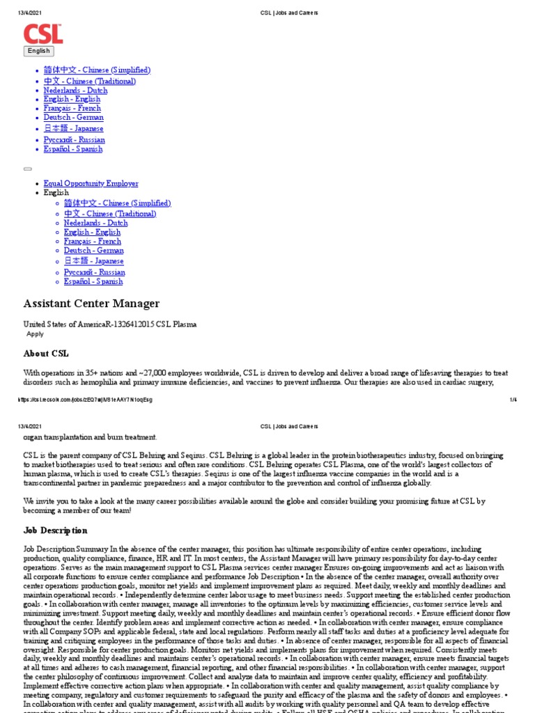 CSL Jobs and Careers PDF Regulatory Compliance Employment