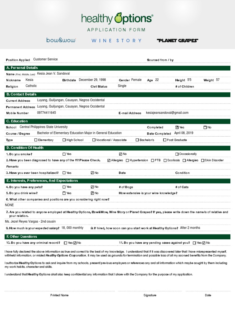 Healthy Options Job Application Form | PDF | Wellness | Medical