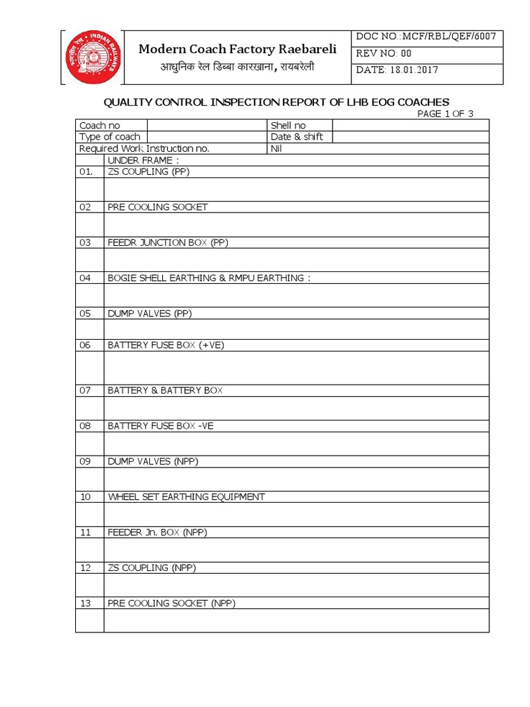 LHB Coach Quality Inspection Report | PDF