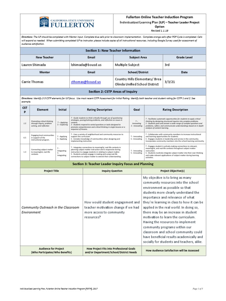 Csuf Teacher Leader Project Ilp Final | PDF | Mentorship | Teachers