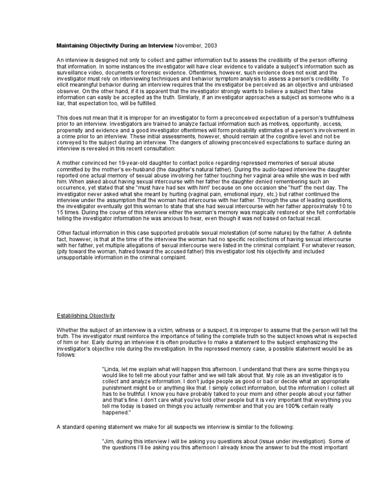 Objective Interview Techniques for Investigators | PDF | Interrogation ...