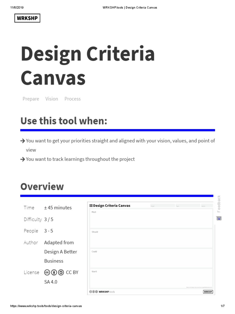 WRKSHP - Tools - Design Criteria Canvas | PDF