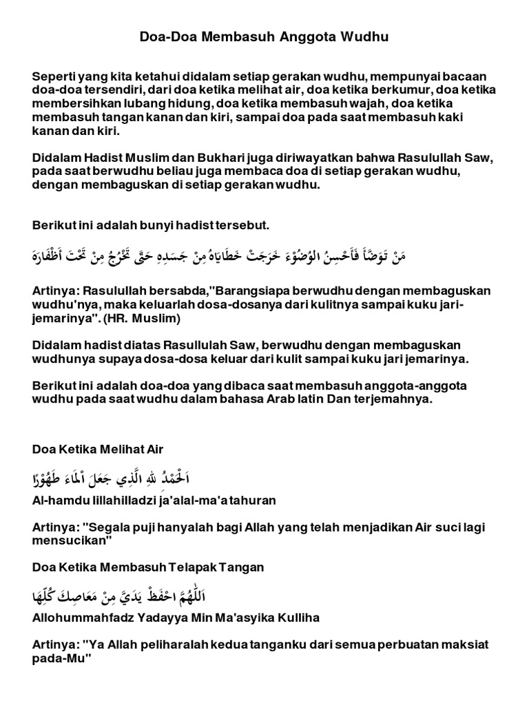 Doa Lengkap Wudhu dari Tangan ke Kaki | PDF