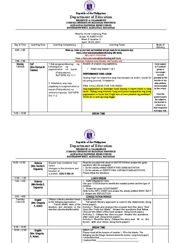 Grade 10 Weekly Learning Plan - Week 5 | PDF | Mutation | Nature
