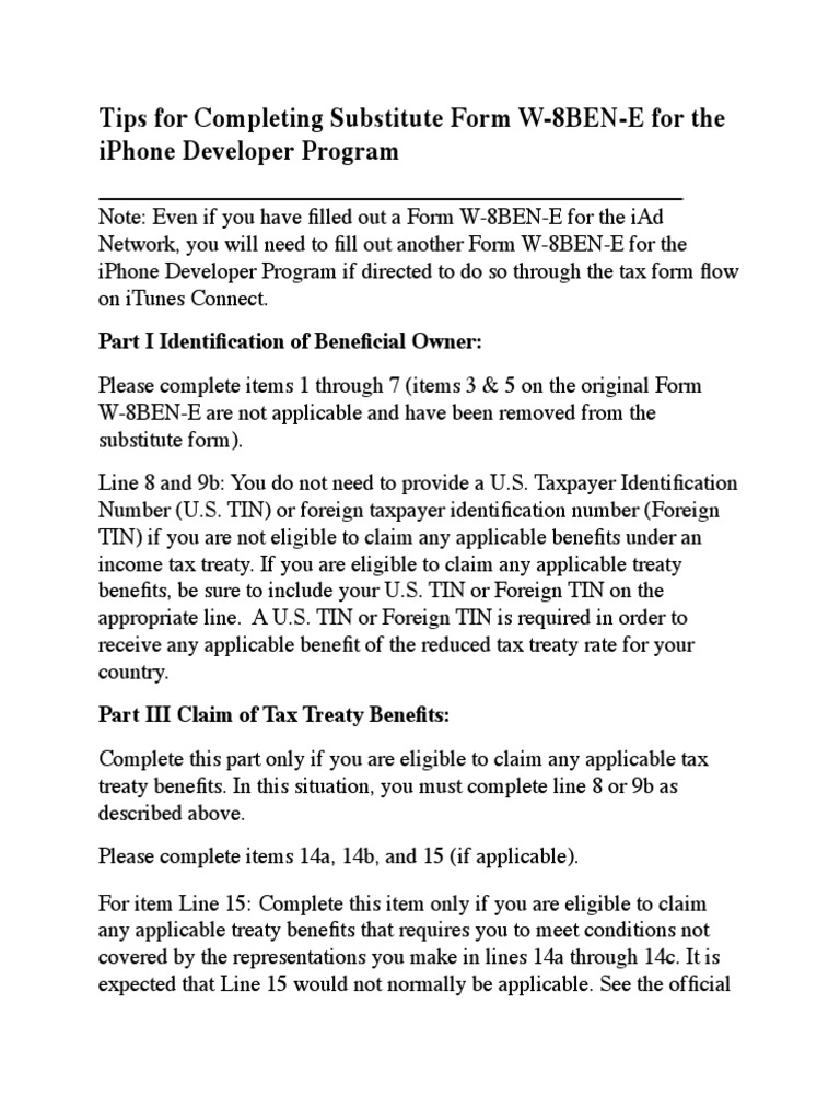 Tips For Completing Substitute Form W8BenE For The Iphone Developer Program PDF Internal