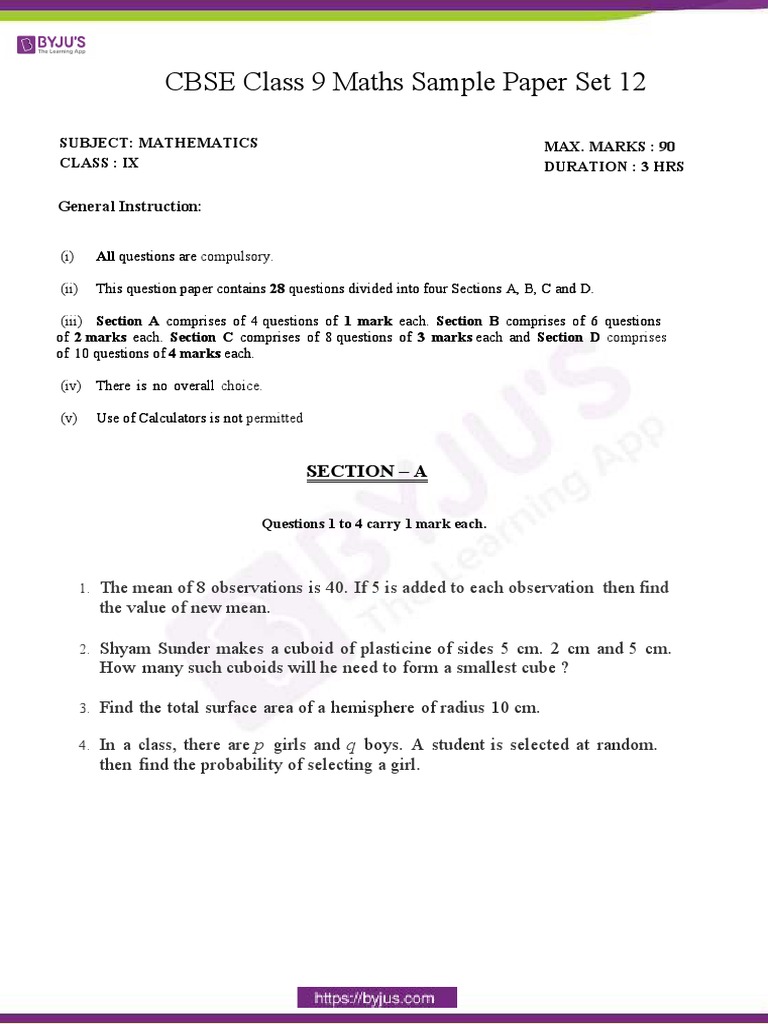 CBSE Sample Paper Class 9 Maths Set 12 | PDF | Area | Euclidean Plane ...