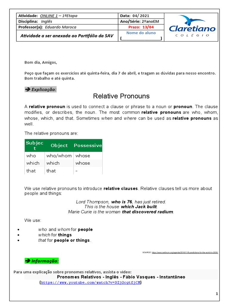 English Relative Pronouns Exercise | PDF | Pronoun | Semantics