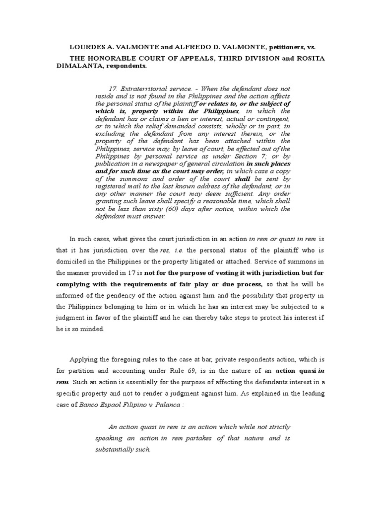 Jurisprudence On Partition, in Rem, Service of Summons. PDF Lawsuit