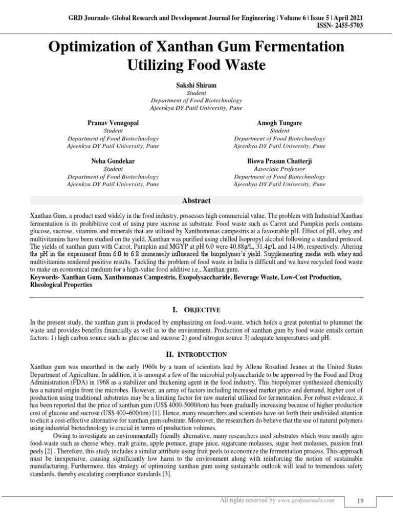 Optimization of Xanthan Gum Fermentation Utilizing Food Waste | PDF ...