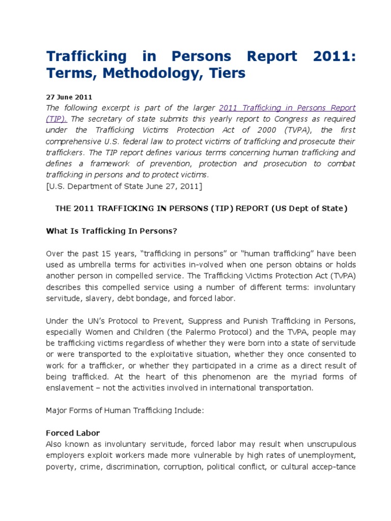 2011 TIP Report Defines Human Trafficking and Tier Ratings (US Dept of ...