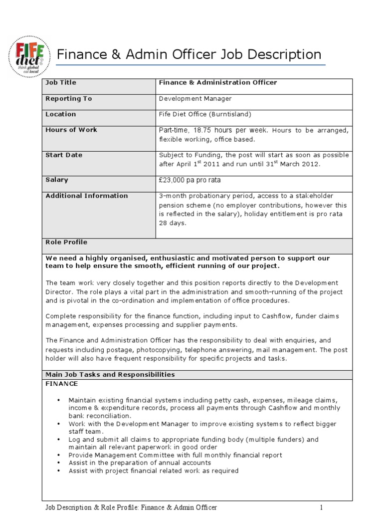 Finance and Admin Officer Job Description PDF Employment Business