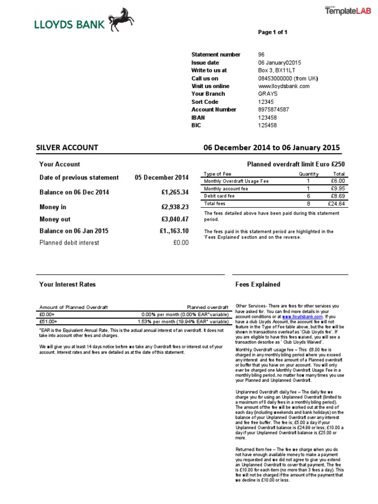 Lloyds Bank Statement PDF Overdraft Fee