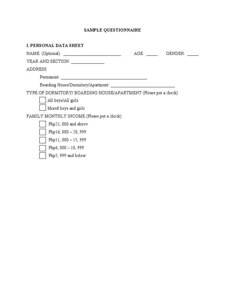 Sample Questionnaire PDF Dormitory Behavioural Sciences