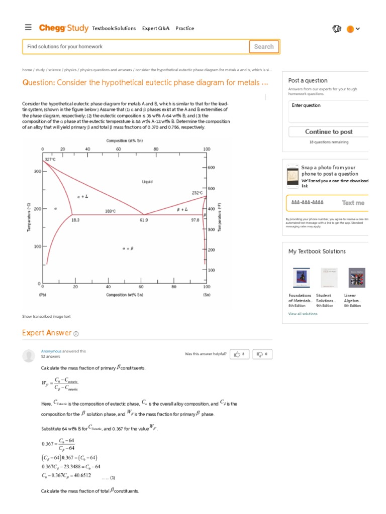 Consider The Hypothetical Eutectic Phase Diagram F... | PDF | Materials
