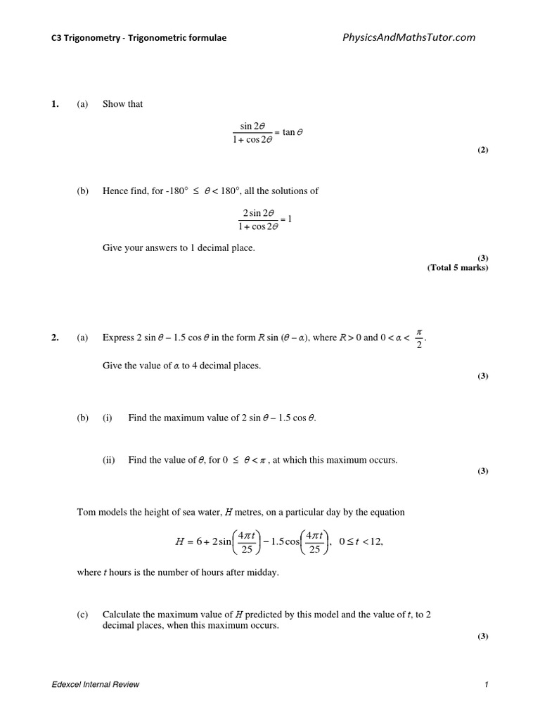 C3 Trigonometry Trigonometric Formulae T T T H Pdf Sine
