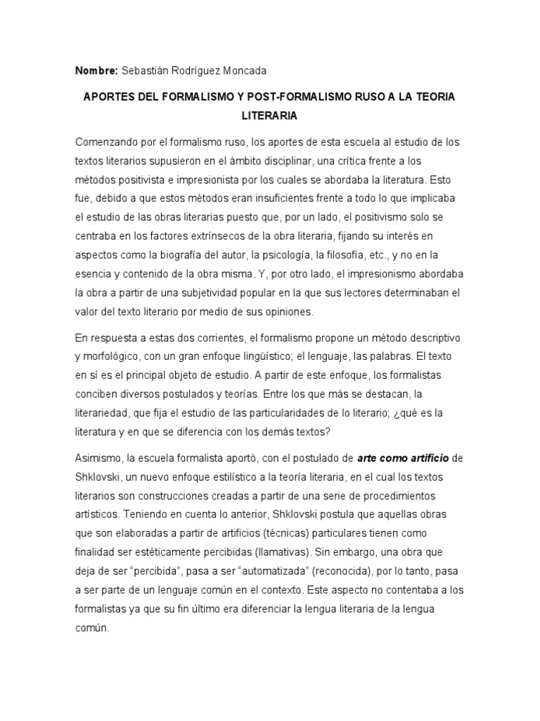 Teoría Literaria Formalismo y PostFormalismo PDF Teoría Science