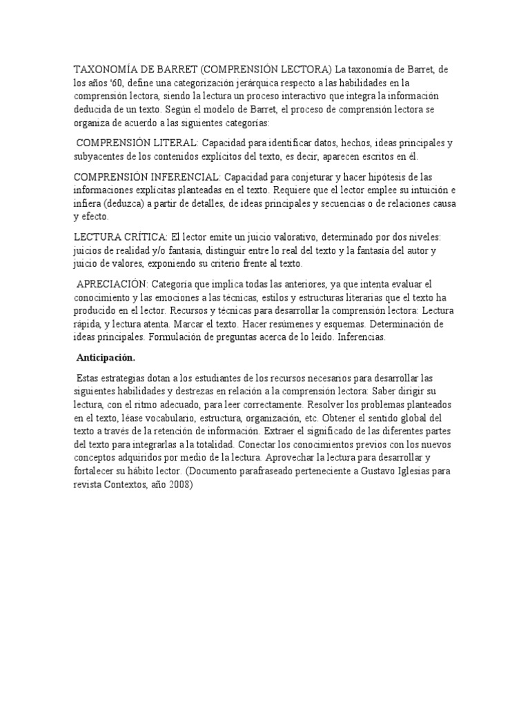 Taxonomía de Barret en Comprensión Lectora | PDF