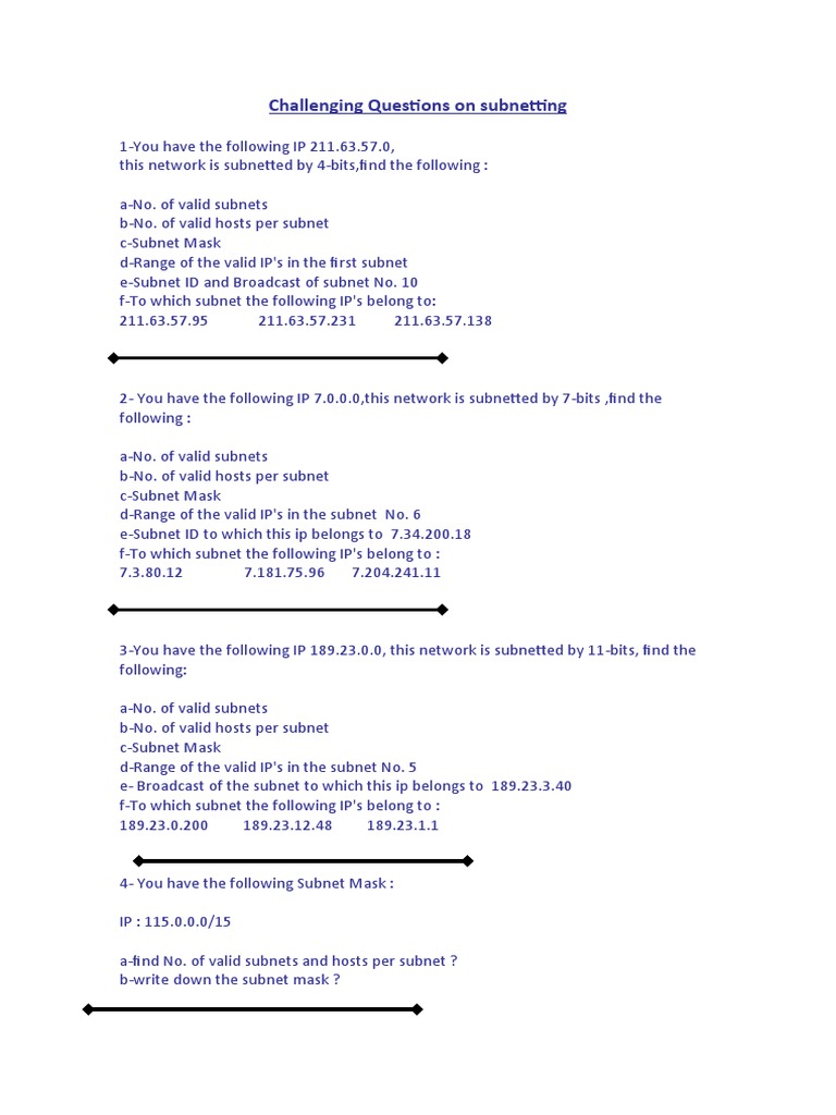 Subnetting Challenge Questions and Answers | PDF | Computer ...