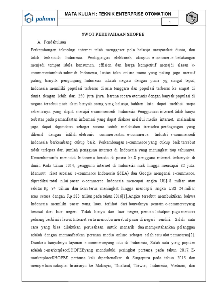 Analisis SWOT Shopee di E-Commerce Indonesia | PDF