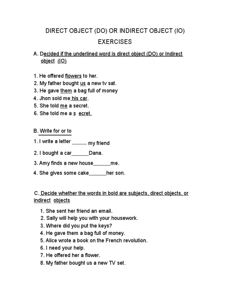 Direct and Indirect Object Exercises | PDF