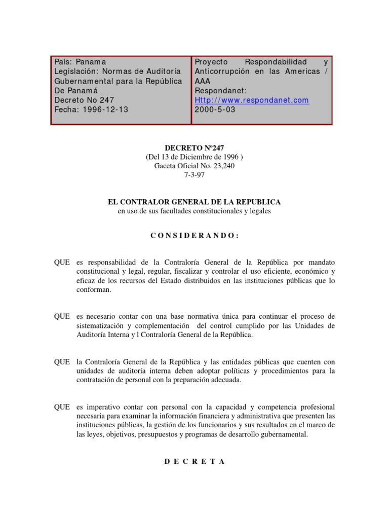Normas de Auditoría Gubernamental Panamá | PDF | Auditoría | Contralor