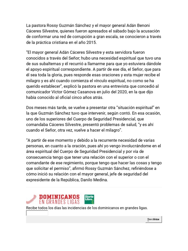 La Pastora Rossy Guzmán Sánchez y El Mayor General Adán Benoni Cáceres