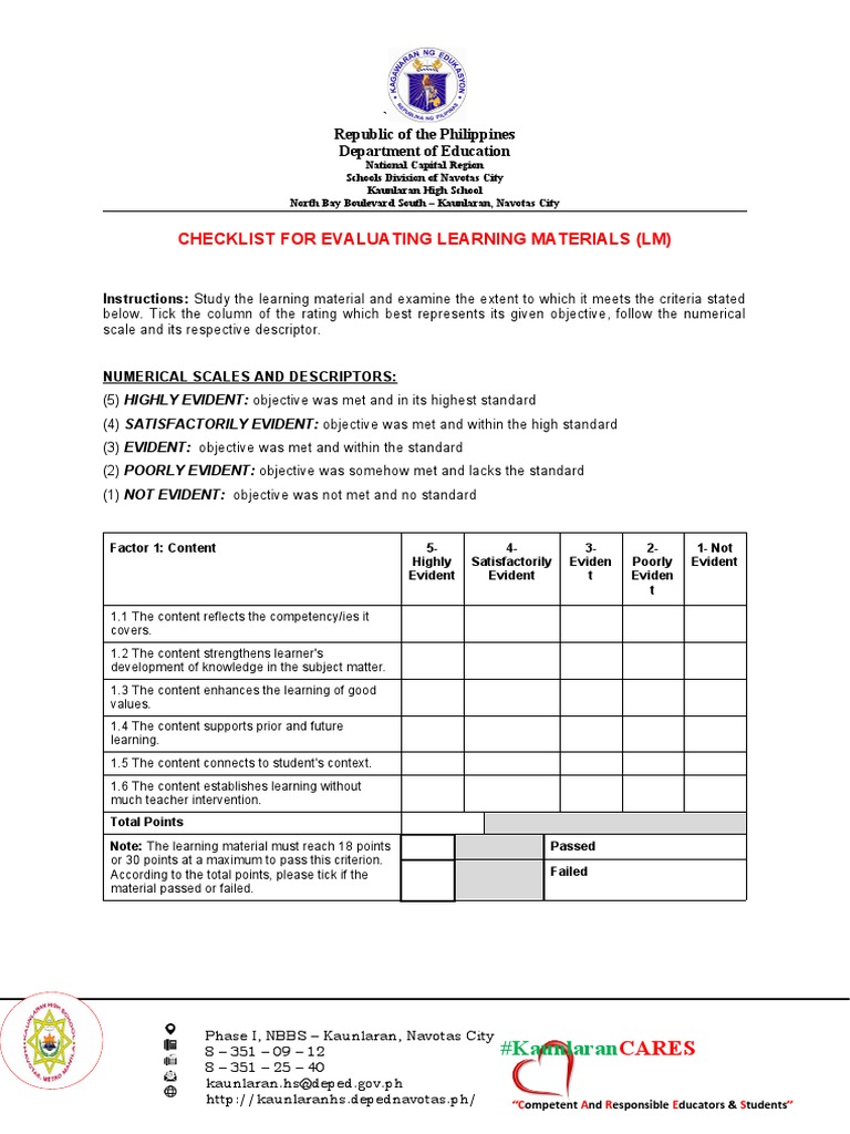 Checklist For Evaluating Learning Materials (LM) ' Republic of The