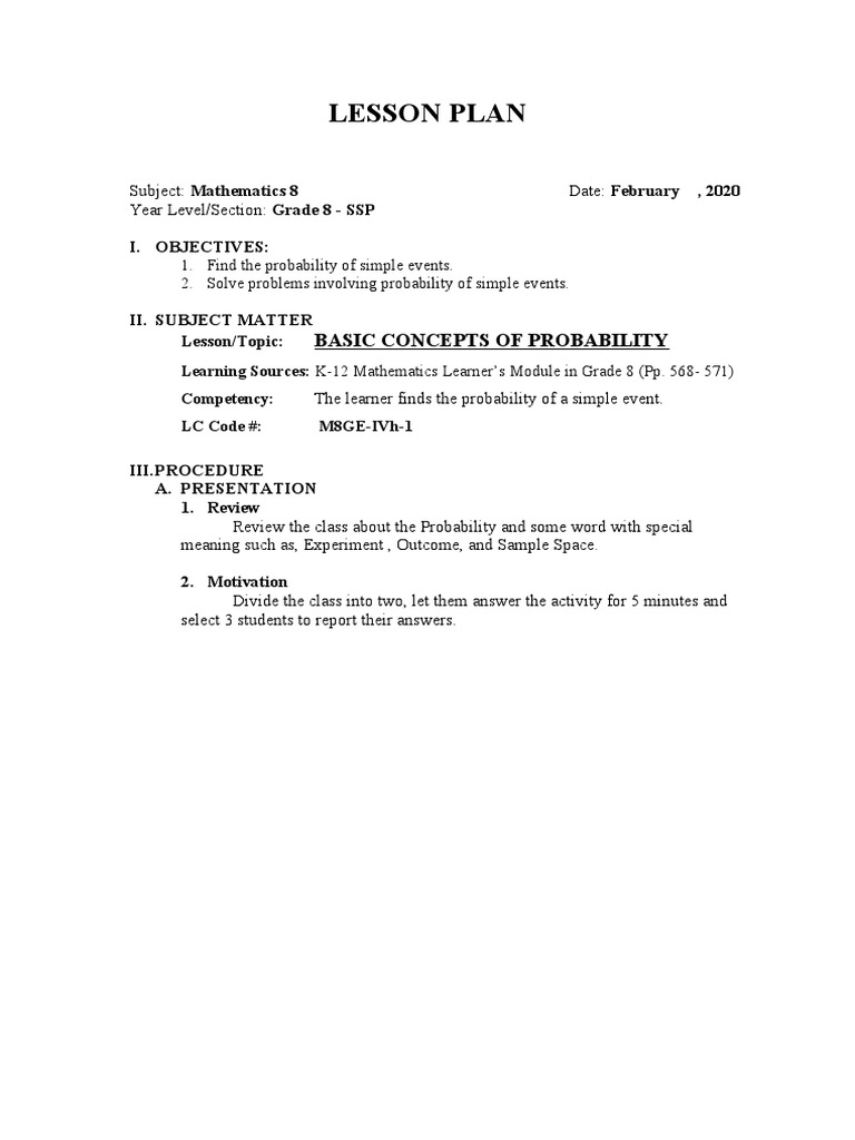 Grade 8 Probability Lesson Plan | PDF | Probability | Lesson Plan