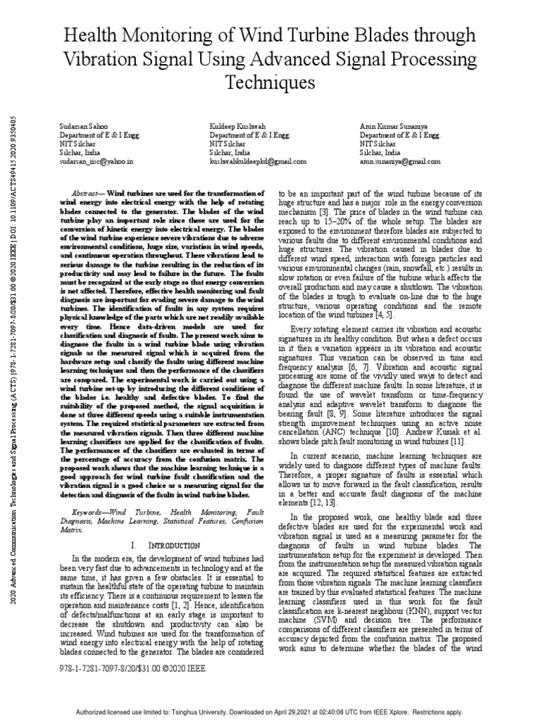 Health Monitoring of Wind Turbine Blades Through Vibration Signal Using ...