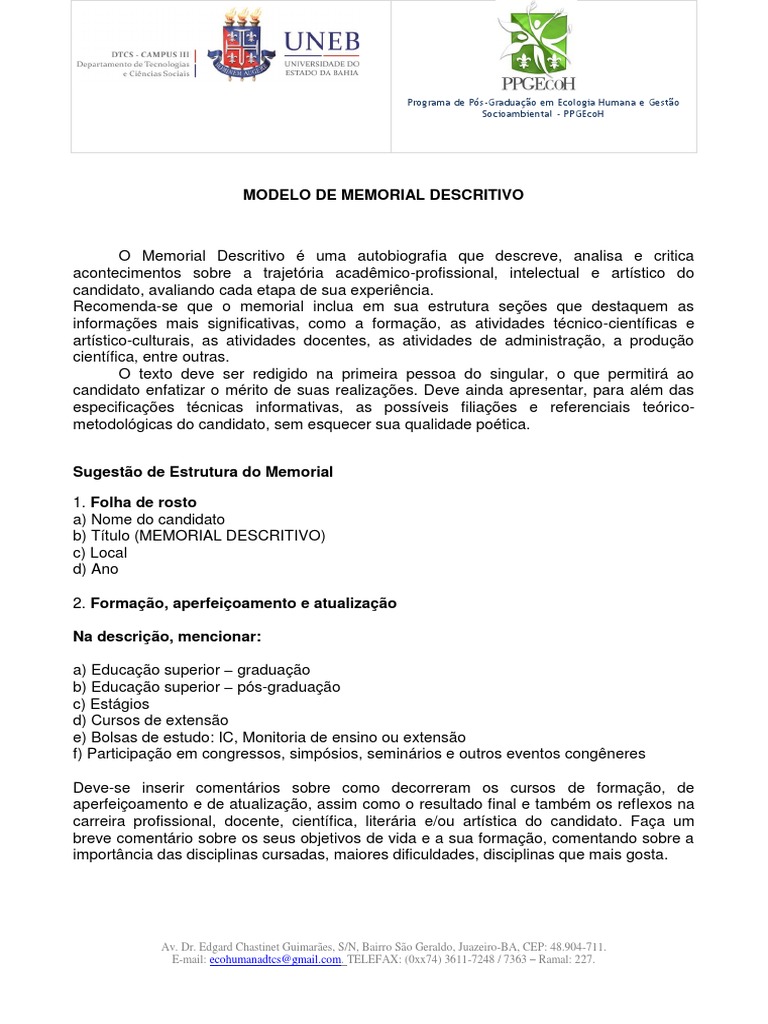 Modelo de Memorial Descritivo-1 | PDF | Pós-graduação | Museu