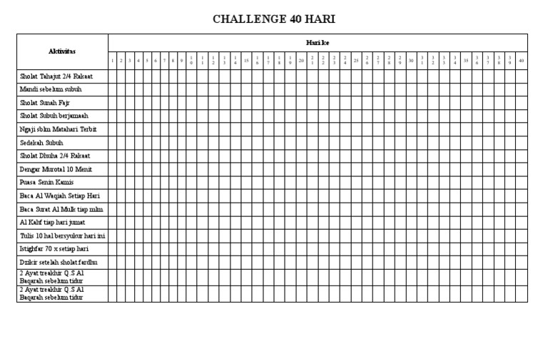 Tabel Challenge 40 Hari Riyadhoh | PDF