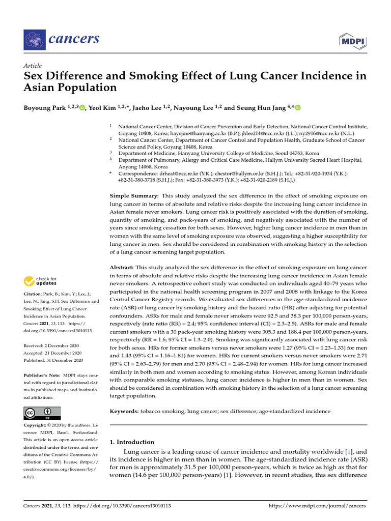 Cancers Sex Difference And Smoking Effect Of Lung Cancer Incidence In Asian Population Pdf 