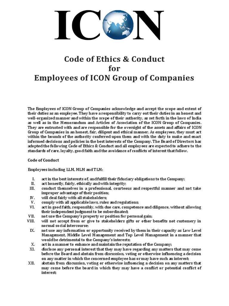 Employee Code of Ethics & Conduct | PDF | Conflict Of Interest ...